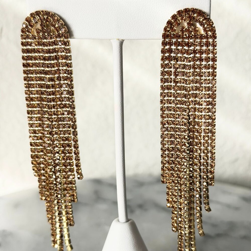 NEW Plush Life Champagne Crystal Fringe Drop Long Earrings